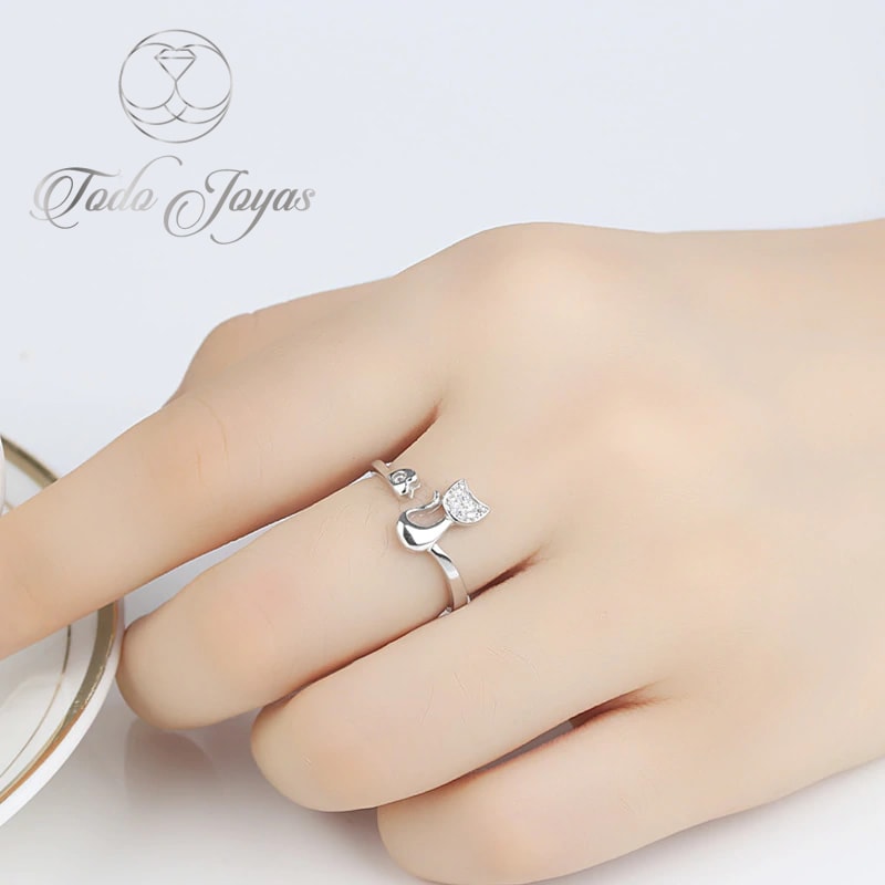 Anillo ajustable de gato y corazón con circones | Plateado