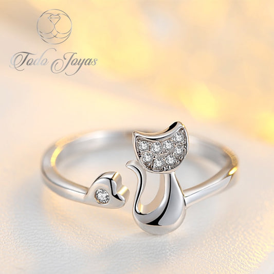 Anillo ajustable de gato y corazón con circones | Plateado