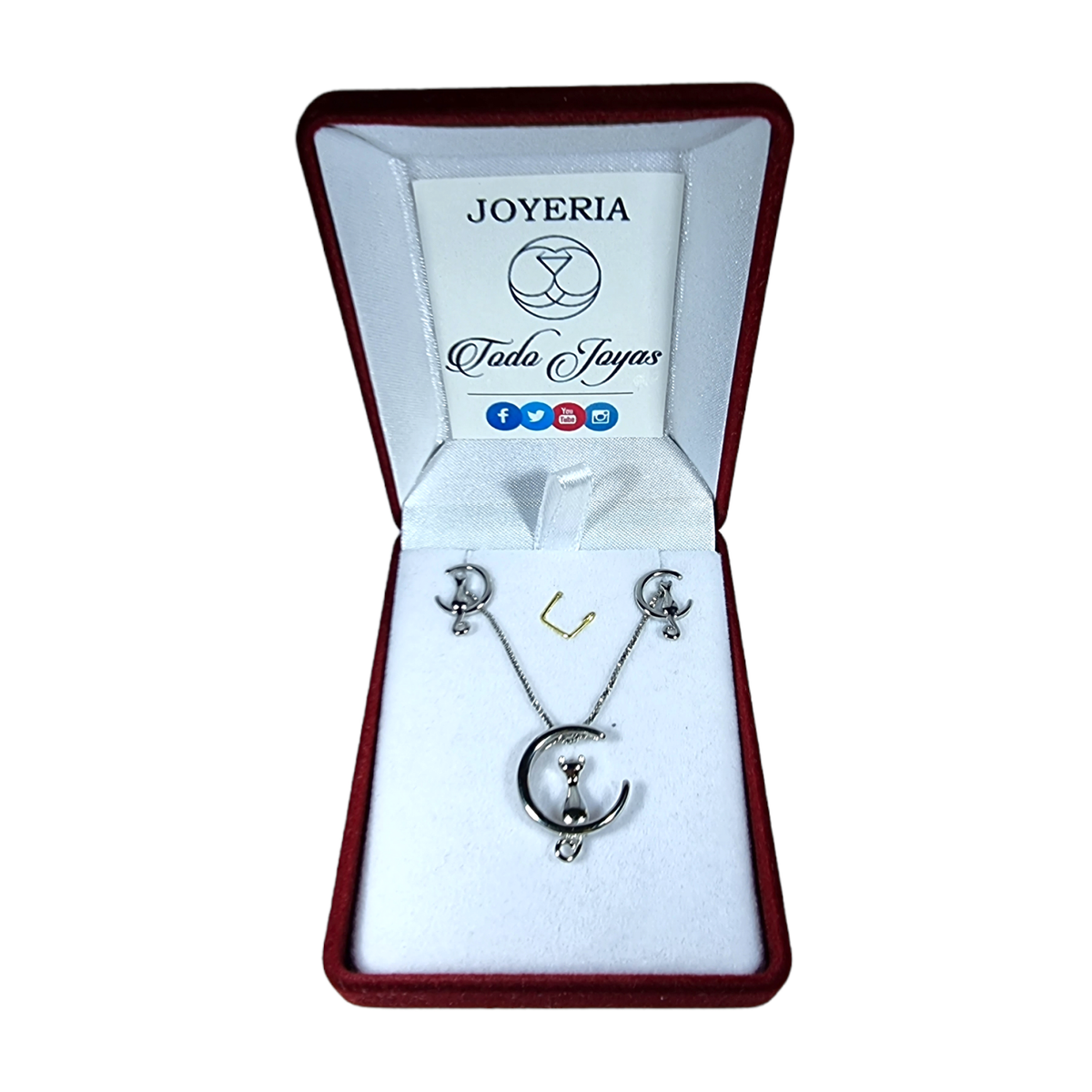 Conjunto Collar y Aros Gatitos en Luna Bañados en Plata