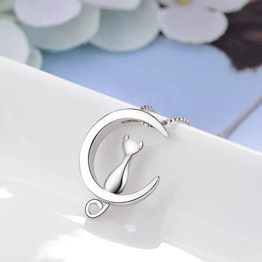 Conjunto Collar y Aros Gatitos en Luna Bañados en Plata